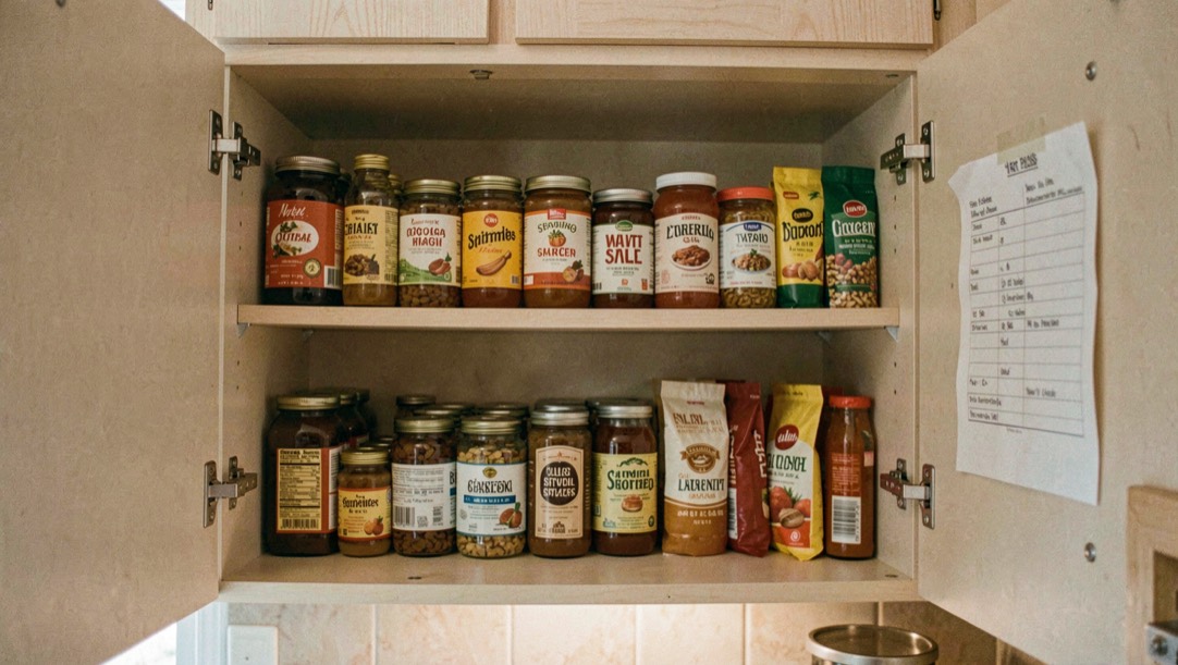 A low kitchen shelf by a back door in daylight, holding a lidded jar of coarse salt, a dark bottle of olive oil, a small jar of sugar scrub and a paper notebook with a pen resting on it, shot straight on at shelf height.