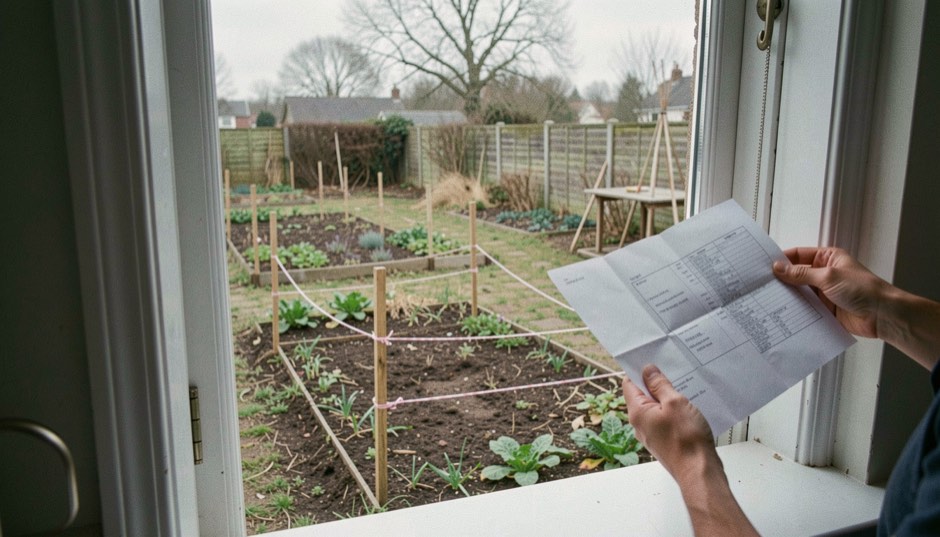 A west-facing garden wall at four in the afternoon, a low pergola casting a hard-edged band of shade across a mulched bed of rosemary and thyme, a drip line visible under the bark, shot from the path at waist height.