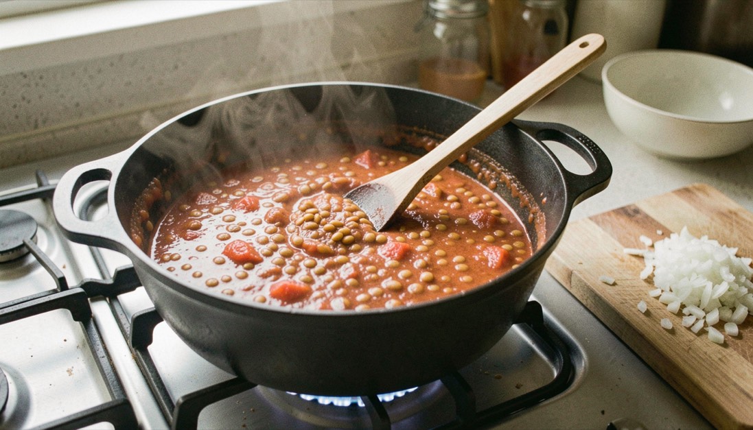 A wide shallow pan of halved tomatoes reducing on a hob, wooden spoon resting on the rim, a colander of just-picked beans beside it, late afternoon light from a side window, close three-quarter view.