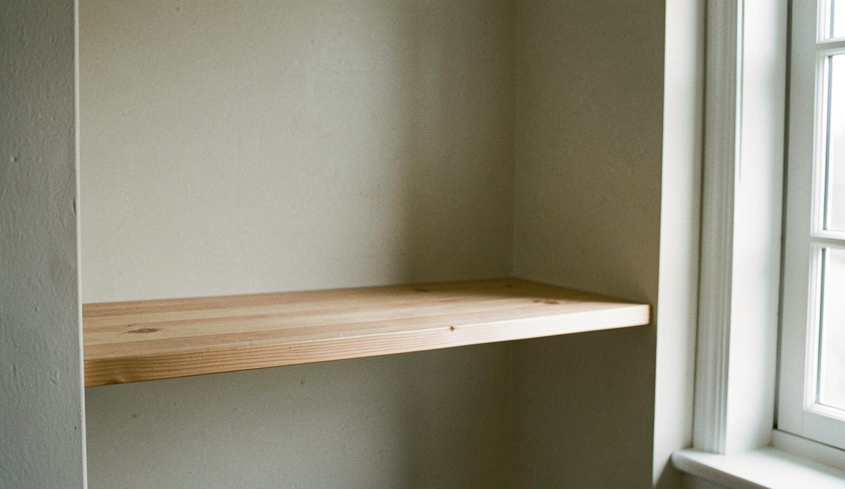 A single bare pine shelf fitted into a painted alcove, nothing on it, shadow line under the edge, flat afternoon light from a side window, framed square