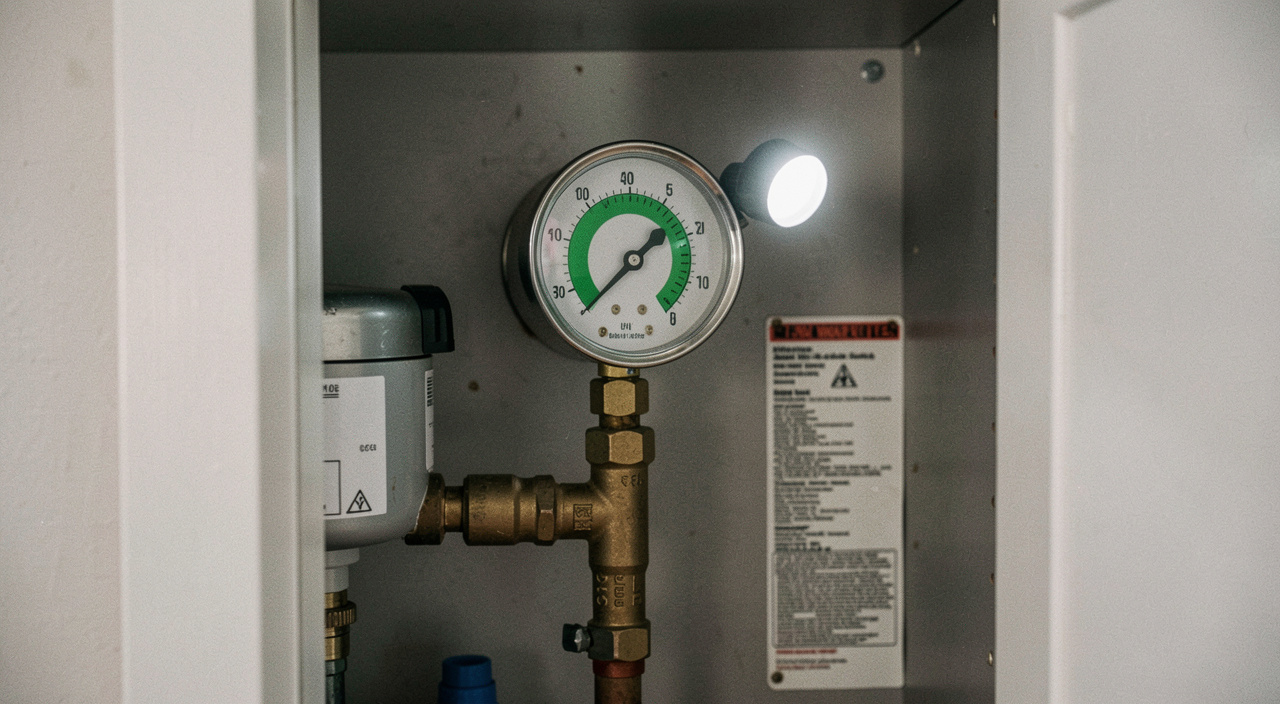The pressure gauge of a wall mounted boiler inside a kitchen cupboard with the needle in the green band, pipework and a service label beside it, torch light on the dial, tight close shot