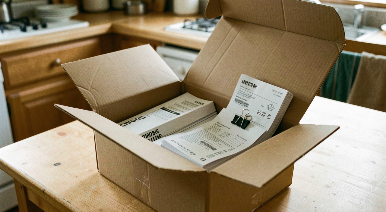 An open cardboard box file on a table holding appliance manuals and a bundle of receipts held by a clip, kitchen background out of focus, warm daylight, framed from above and slightly to the side