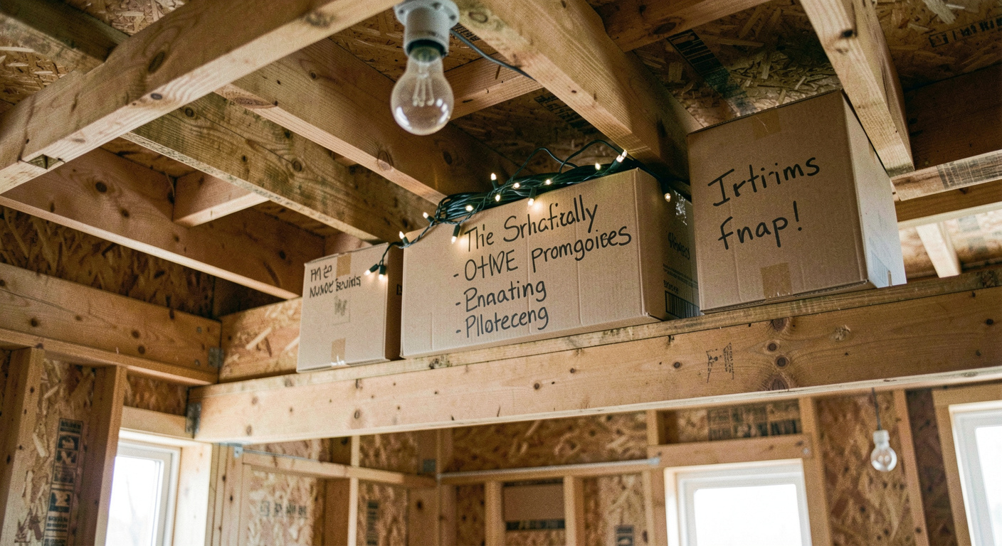Three cardboard boxes marked in black pen stacked against the rafters of a boarded loft, a string of lights coiled on top, bare bulb light overhead, wide shot along the boards
