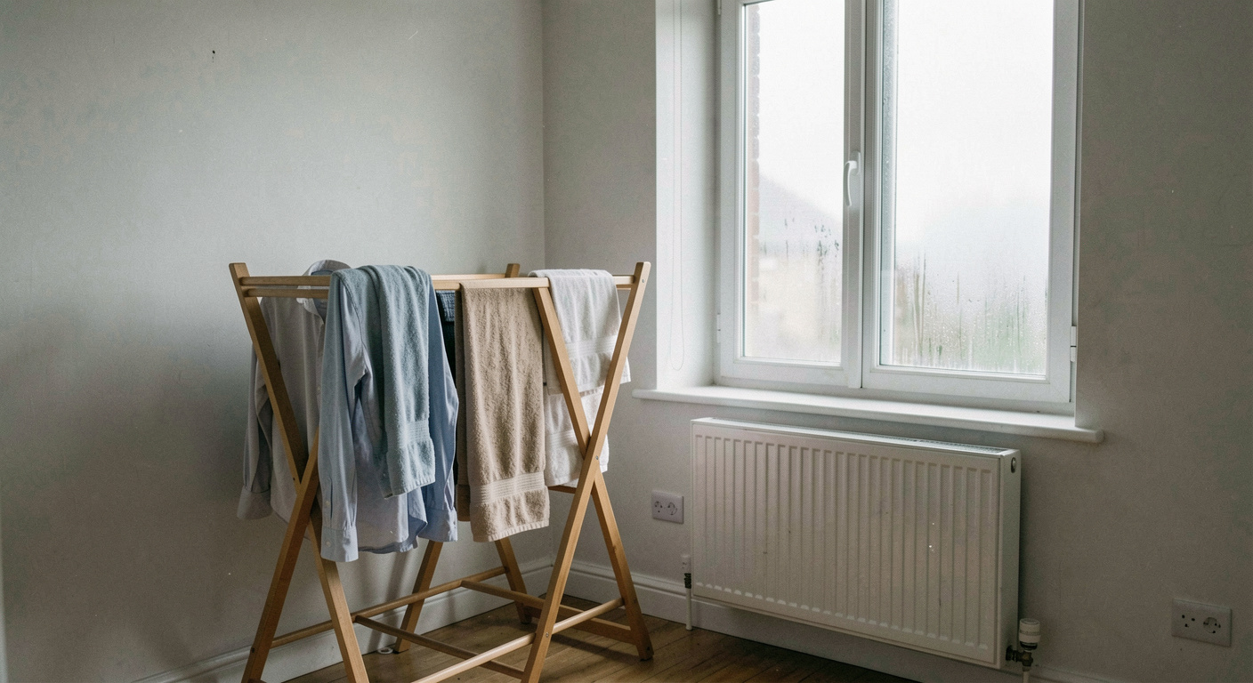 A wooden clothes airer holding shirts and tea towels standing beside a radiator under a tall window, condensation free glass, grey daylight, wide shot of the corner of the room