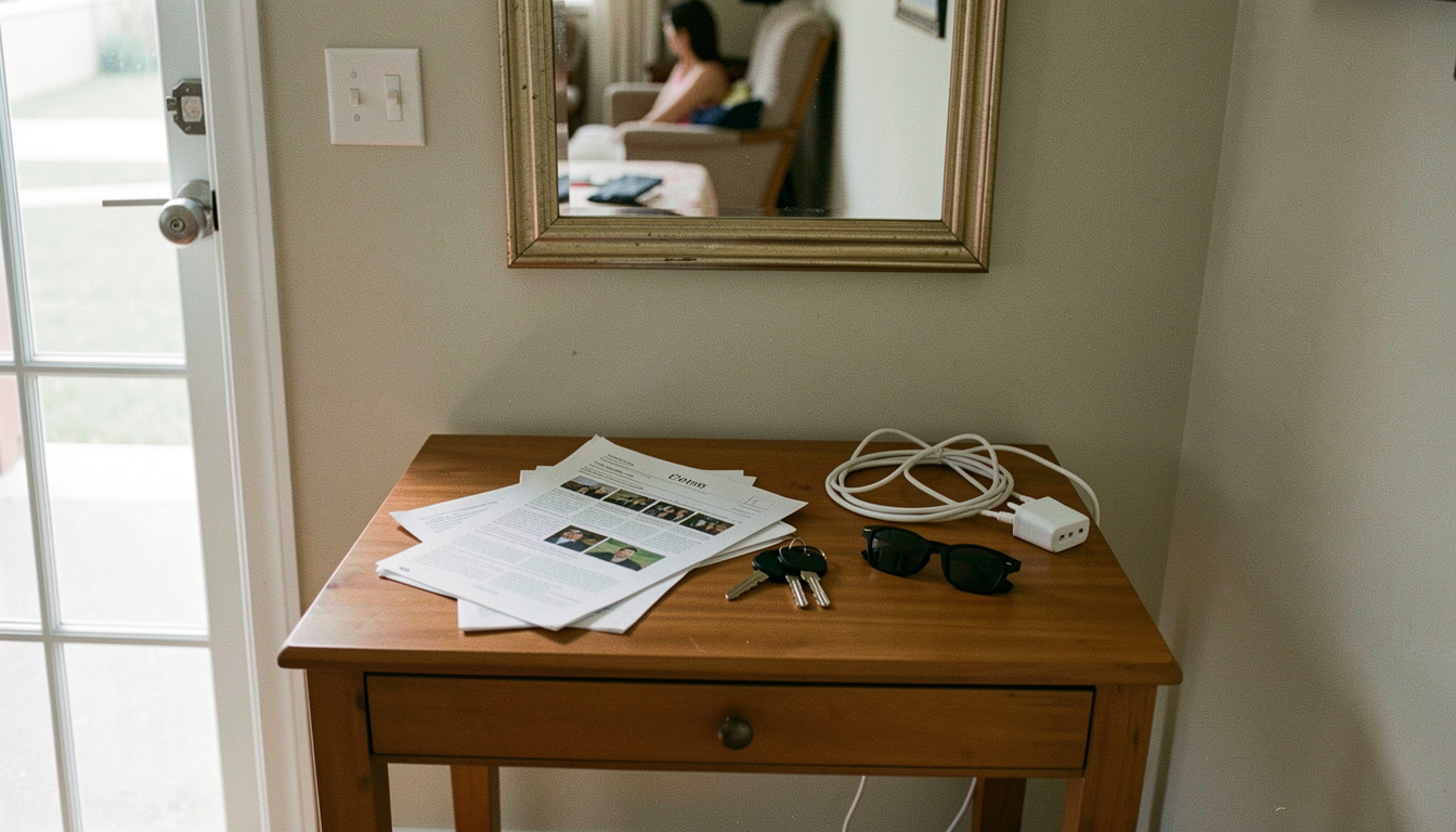 A narrow hall table with a scatter of opened post, two sets of keys, sunglasses and a phone charger cable across it, a mirror above showing part of the room, daylight from the front door, shot straight on at chest height