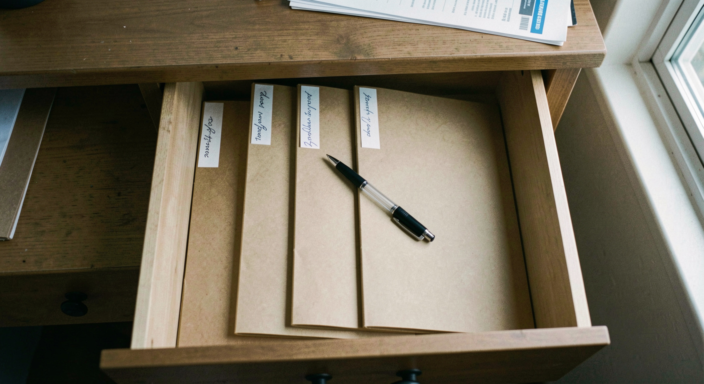An open desk drawer holding four upright manila folders with handwritten tabs, a pen resting across them, cool daylight from a window on the right, shot from directly above
