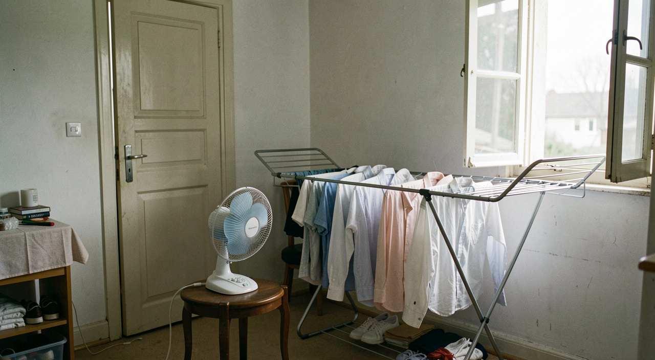 A small desk fan on a chair aimed along the length of a loaded clothes airer in a spare room, shirts hung in a single layer, door closed behind, cool daylight from a part open window, wide shot of the room