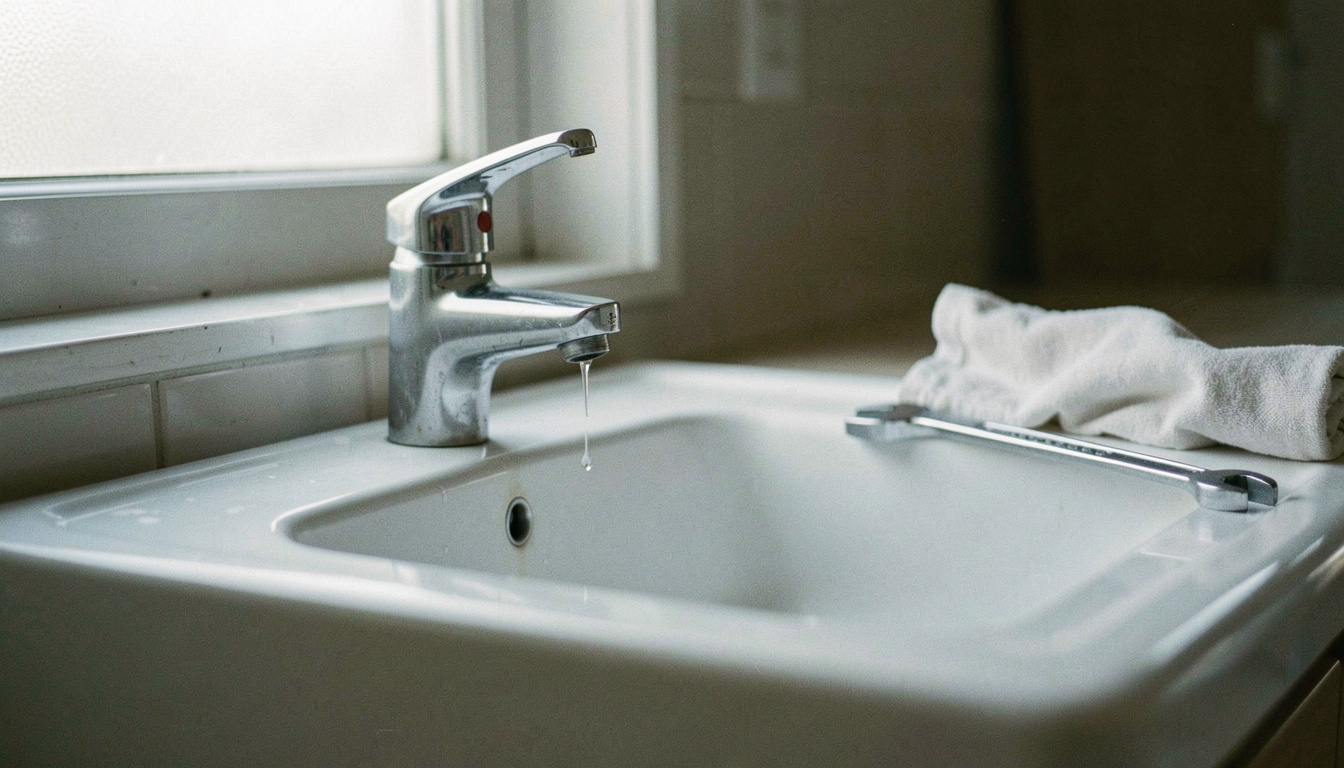 A chrome mixer tap over a white sink with one drop of water hanging from the spout, an adjustable spanner and a folded cloth on the worktop beside it, cool daylight from the window, close shot from the side