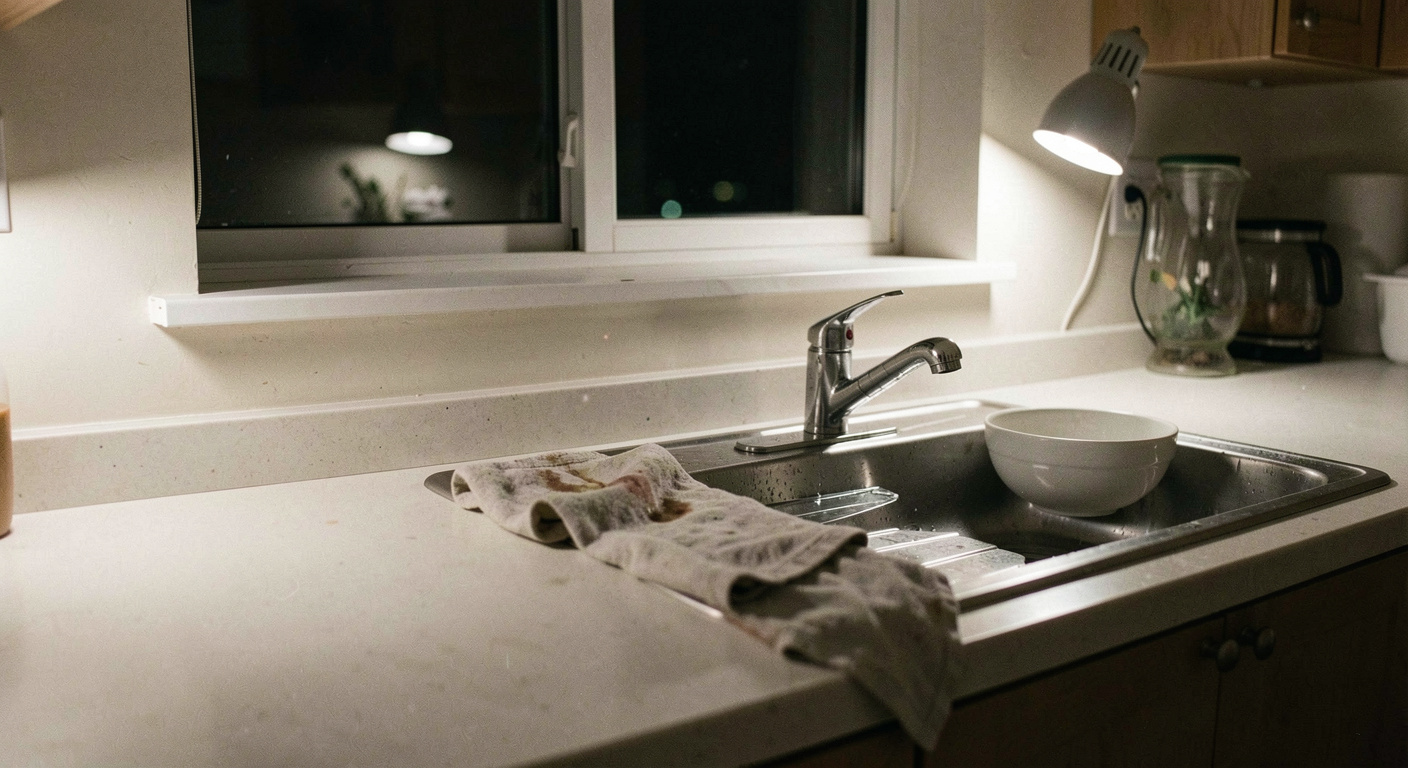 A cleared kitchen worktop at night with a single lamp on, a folded damp cloth over the tap and one clean bowl on the drainer, dark window above the sink, medium close shot from the side