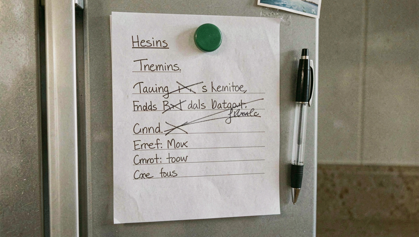 A printed sheet held by a magnet on a freezer door with handwritten lines of contents, several crossed off in pen, a pen hanging beside it, kitchen daylight, shot straight on and close