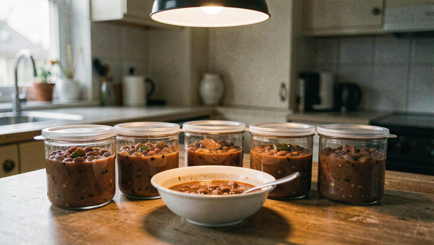 Six glass containers of portioned bean stew with lids beside them on a kitchen table, one filled bowl in front, warm overhead lamp light, shot at table height