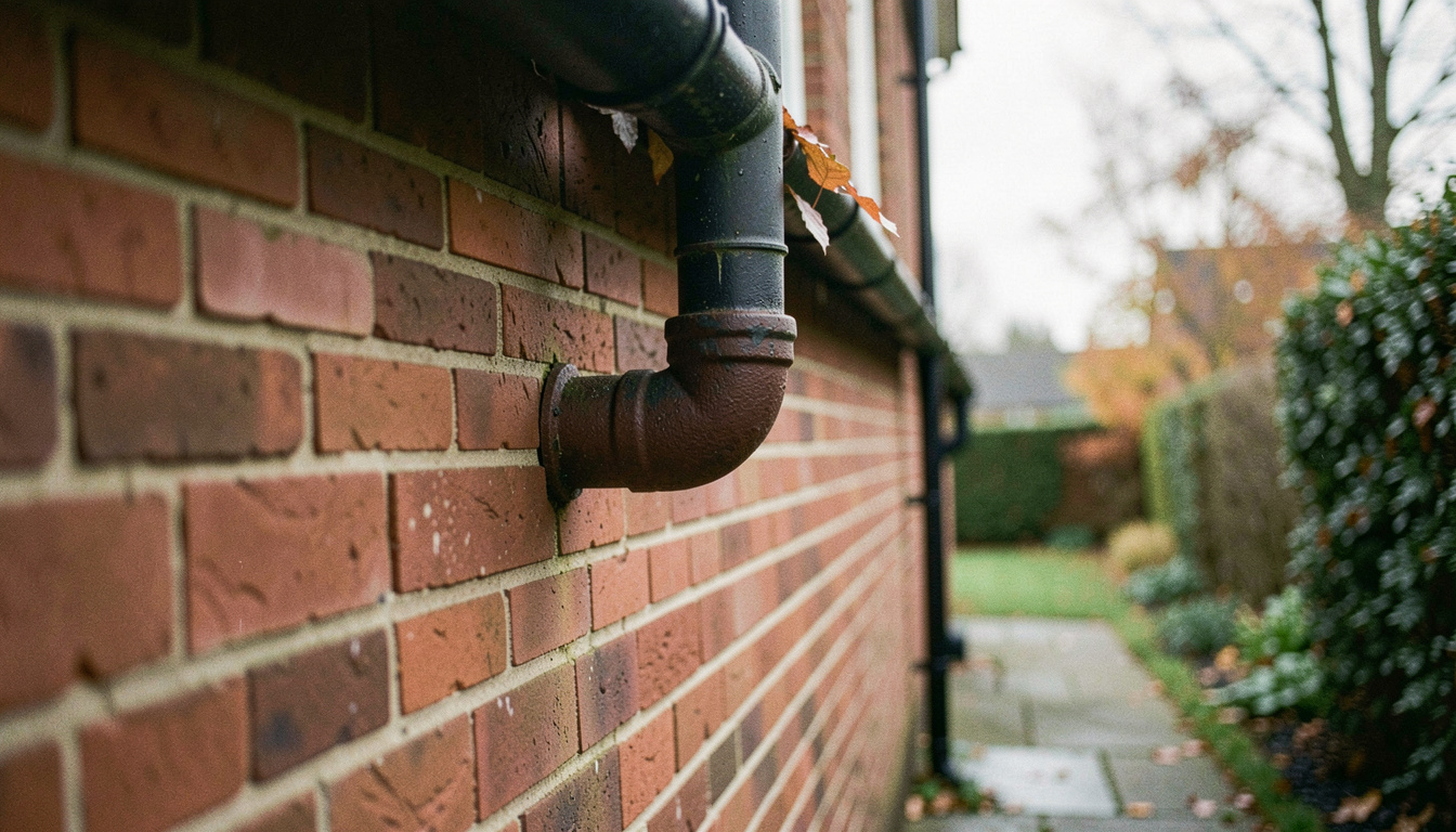 A cast iron downpipe running against a red brick wall with a few wet leaves caught in the gutter above, flat autumn light, shot looking up from the garden path