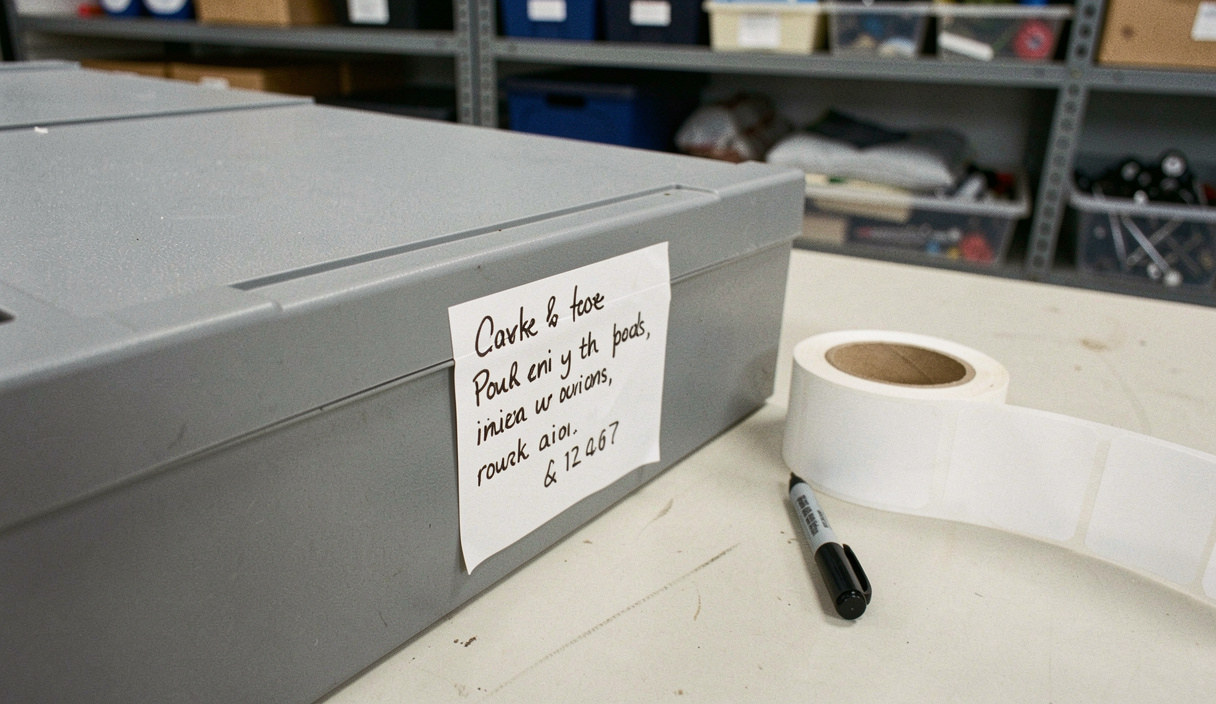 A hand writing on a white adhesive label stuck to the end of a grey storage box, a fine black marker and a roll of labels beside it, garage shelving behind, bright even light, close shot from above
