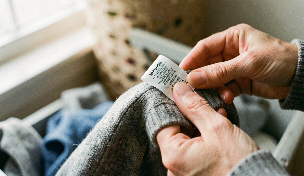 Two hands turning out the seam of a grey wool jumper to show a small printed care label, laundry basket blurred behind, soft window light, tight close up