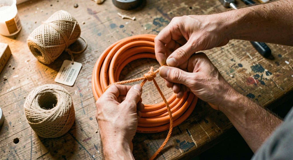 Two hands tying a binding knot around a coiled orange extension lead on a worn wooden workbench, a ball of twine and a tie-on label beside it, warm workshop light from the left, close shot from above