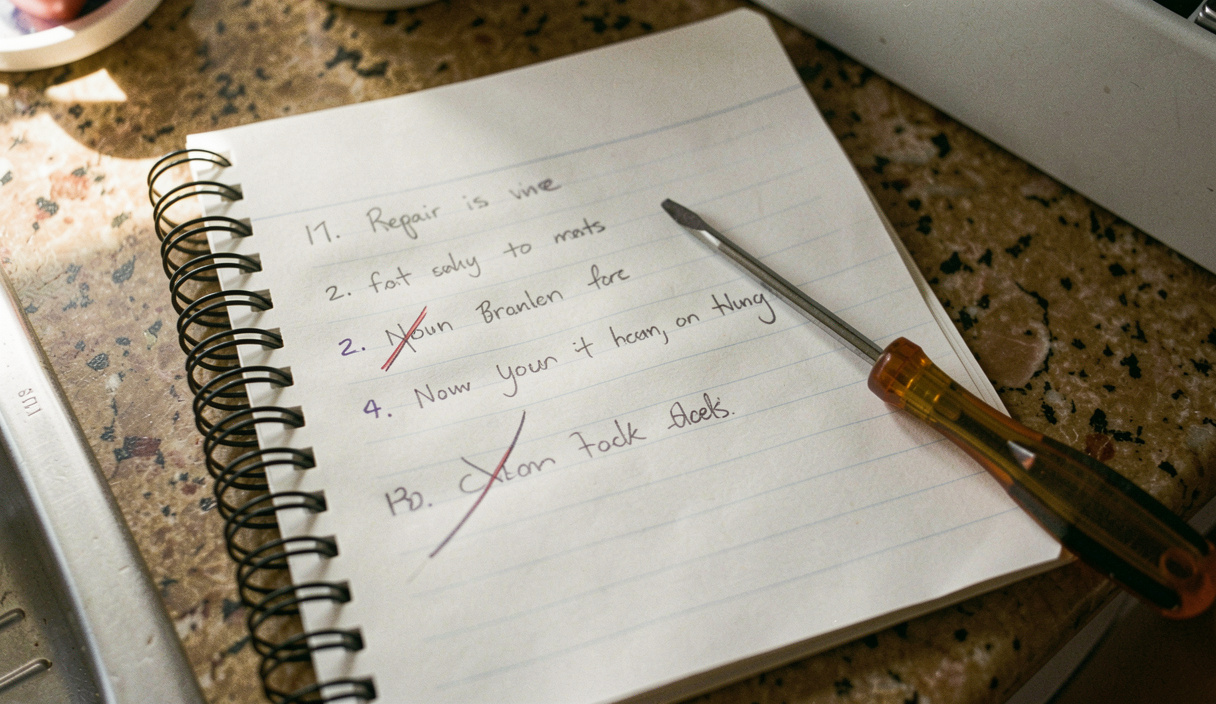 A spiral notepad on a kitchen worktop with six short repair notes written in pencil, two of them crossed off, a screwdriver lying across the page, warm afternoon light from the left, shot from above