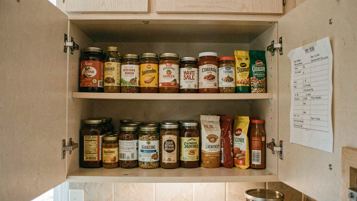 An open kitchen cupboard with two shelves of jars and packets in a single row, labels facing forward, a folded paper list taped inside the door, warm light from the kitchen, shot straight on
