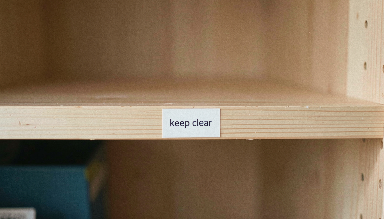 A small white label reading keep clear stuck to the front edge of a bare wooden shelf in a cupboard, nothing on the shelf above it, even daylight, close shot along the shelf edge