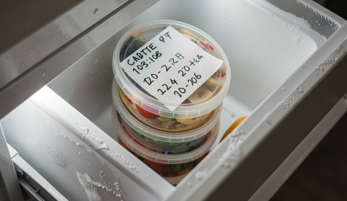 A pulled out freezer drawer holding stacked containers with white labels showing contents and dates written in marker, frost on the drawer edges, cold light from inside the freezer, photographed from above