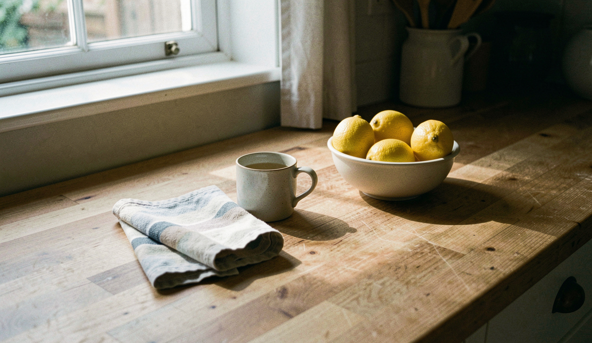 A wooden kitchen worktop at half past six in the morning, a folded tea towel and a cup beside a bowl of lemons, low side light from a sash window falling across the grain, shot wide and slightly from above
