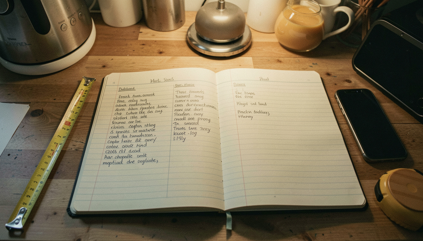 An open ruled notebook on a kitchen table listing appliances in columns of pen, a tape measure and a phone beside it, late evening lamp light, photographed from above