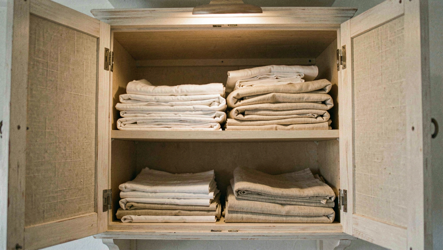 An open painted linen cupboard with three shelves of folded white and oatmeal sheets, warm ceiling light spilling onto the door frame, photographed straight on