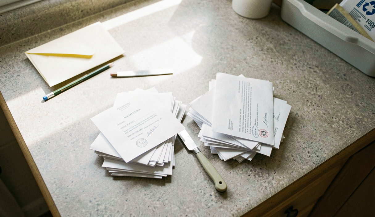 A small stack of opened letters sorted into two piles on a kitchen table with a paper knife and a pencil beside them, an envelope in a recycling bin at the edge of the frame, bright afternoon light, shot from above