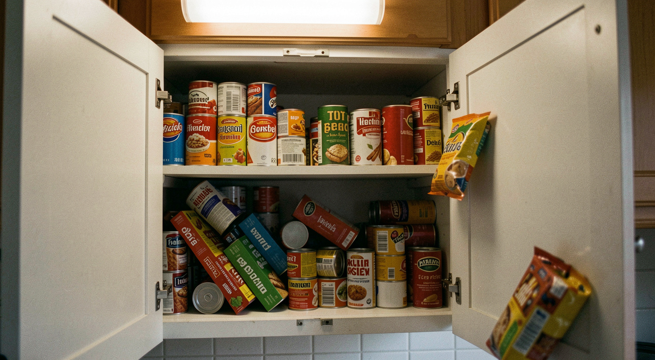 A kitchen cupboard packed two rows deep with tins and packets, the front row leaning forward and one packet caught in the door, warm ceiling light, shot straight on with the door held open