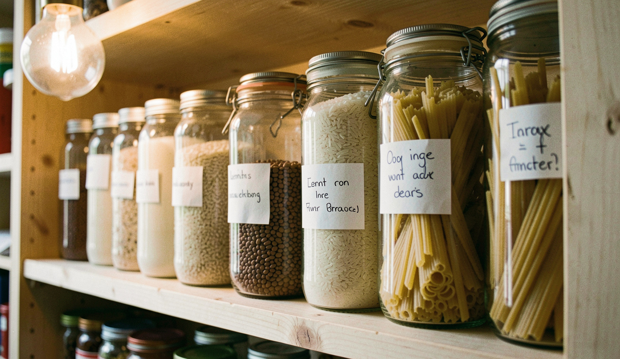 A pantry shelf of glass jars holding rice, lentils and pasta with small handwritten paper labels, warm bulb light from the left, photographed level with the shelf