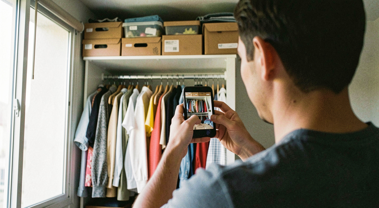 A phone held up to photograph an open wardrobe full of hanging clothes and boxes on the shelf above, bedroom window light from the side, shot from behind the person over their shoulder