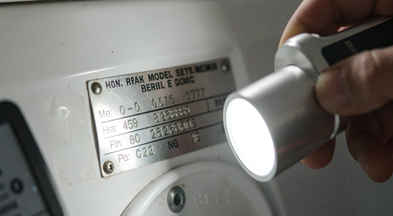 The metal rating plate inside the door frame of a washing machine showing model and serial numbers, a phone held up to photograph it, torch light on the plate, tight close shot at an angle