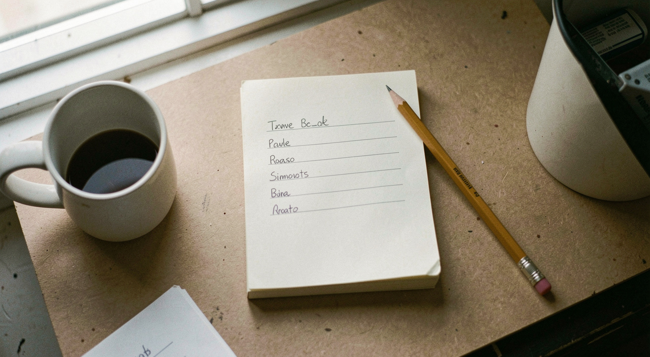 A small notepad on a worktop with five short lines written on it and a pencil resting across the page, a mug at the edge of the frame, soft window light from the left, photographed from above