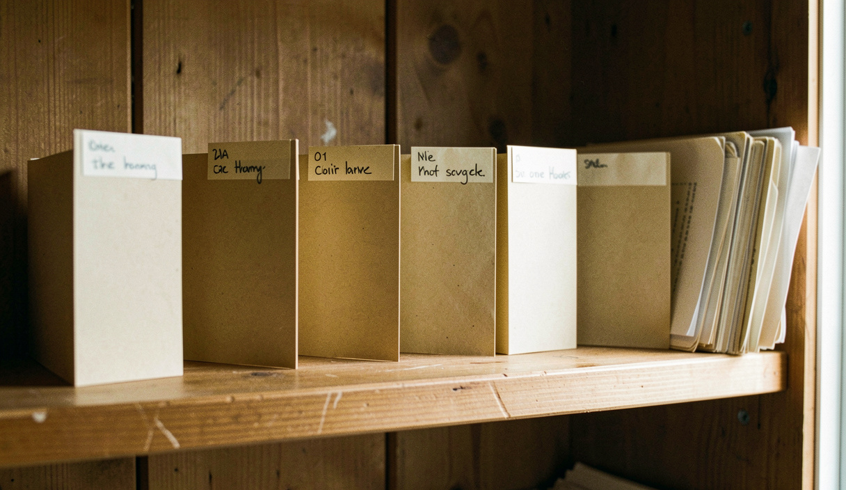 Six upright card folders on a wooden shelf with hand written tabs, a stack of loose papers leaning against the end, warm afternoon light from the right, shot straight on at shelf height