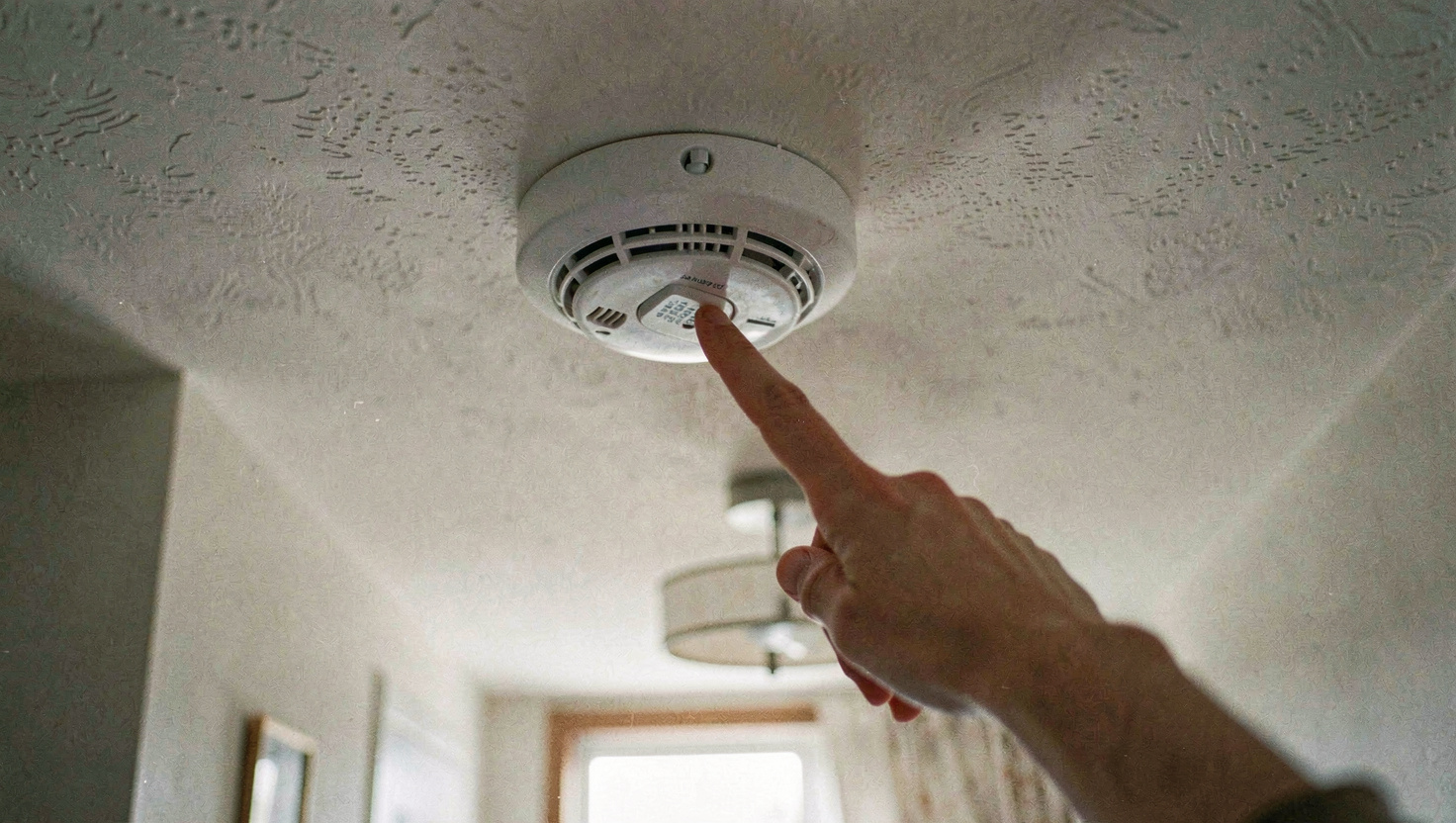 A finger pressing the test button of a white ceiling mounted smoke alarm, hallway ceiling and part of a light fitting in view, daylight from below, close shot looking upward