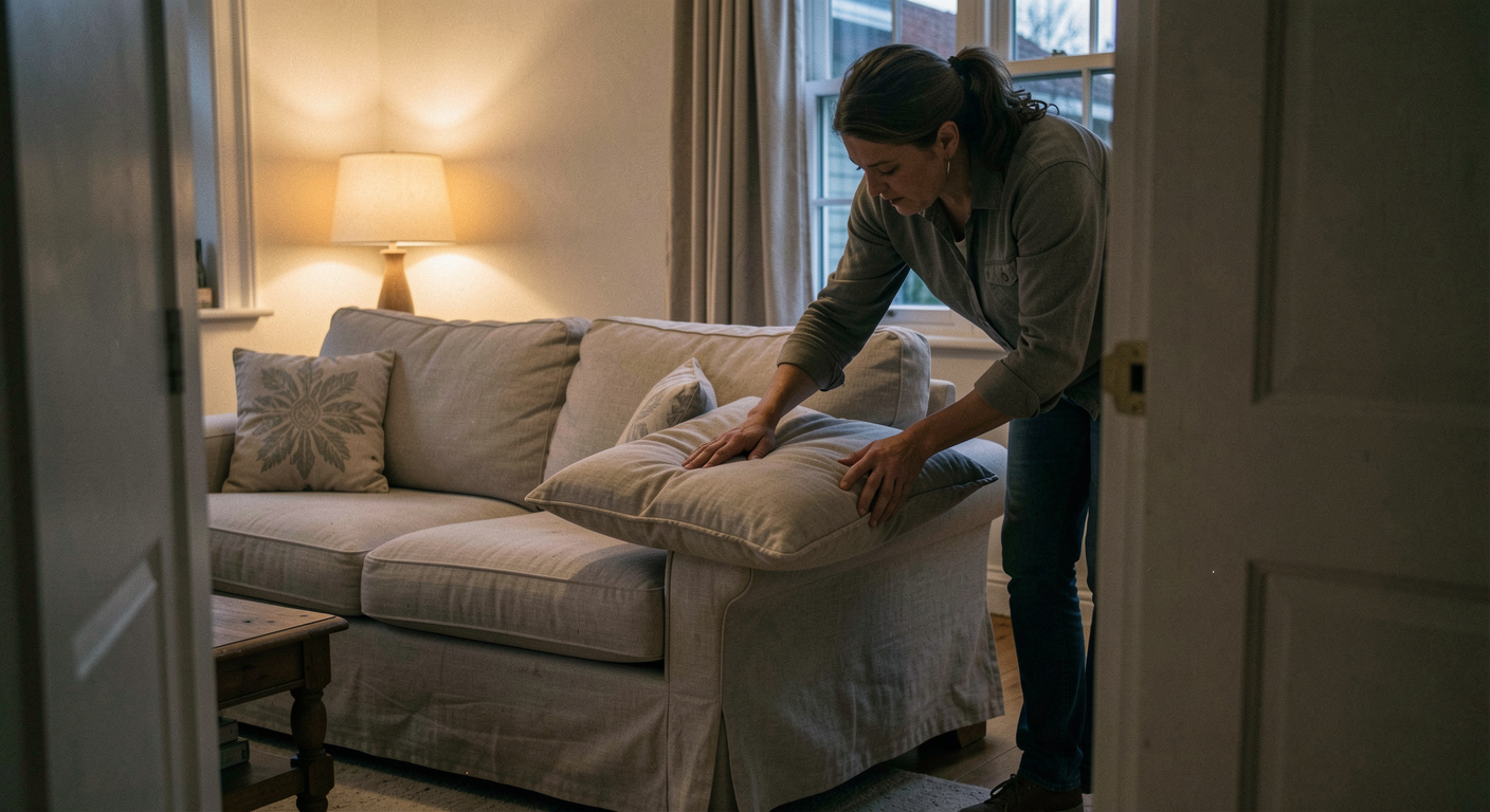 A person straightening cushions on a linen sofa in a living room at dusk, one lamp lit in the corner, warm low light, medium wide shot from the doorway
