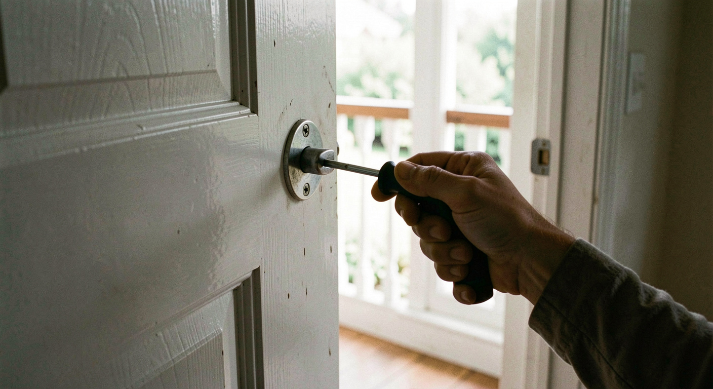 A hand driving a screwdriver into the top hinge of a painted internal door, the door held open against the frame, daylight from a landing window behind, close shot at the hinge