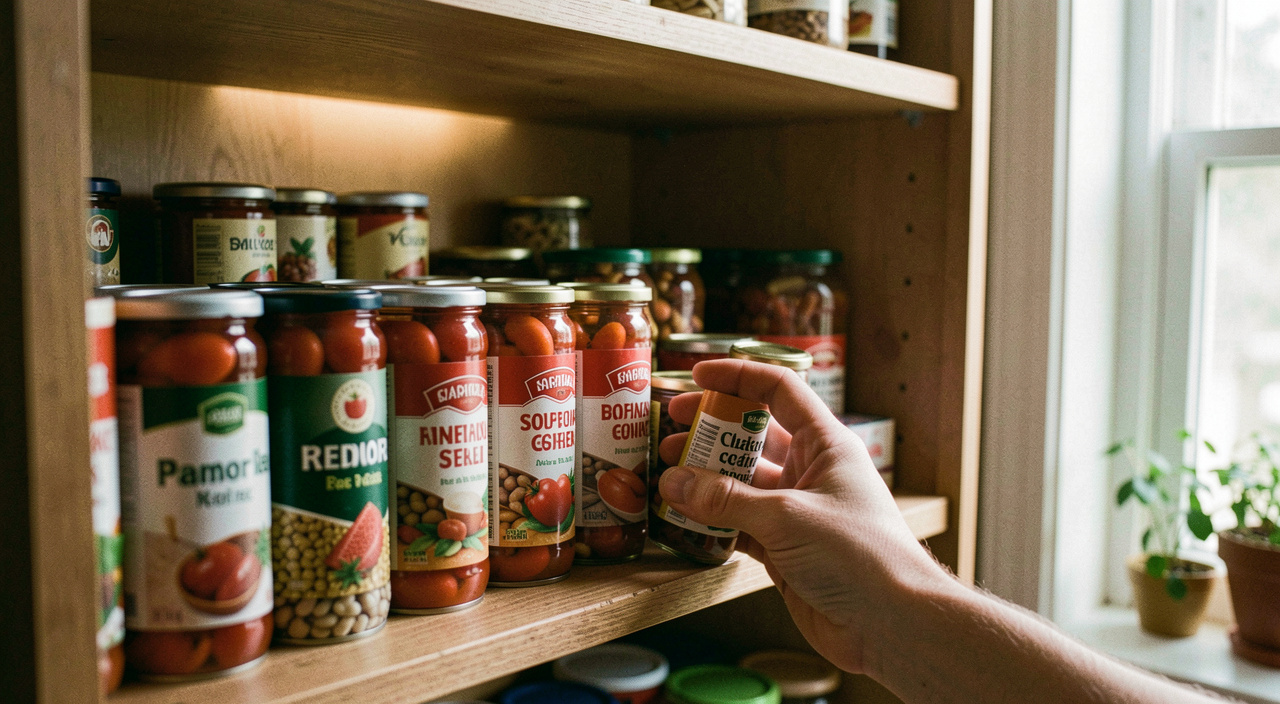A cupboard shelf of tinned tomatoes and beans lined up in rows with the front tins pulled forward, a hand reaching for the nearest one, warm light from the kitchen behind, shot level with the shelf