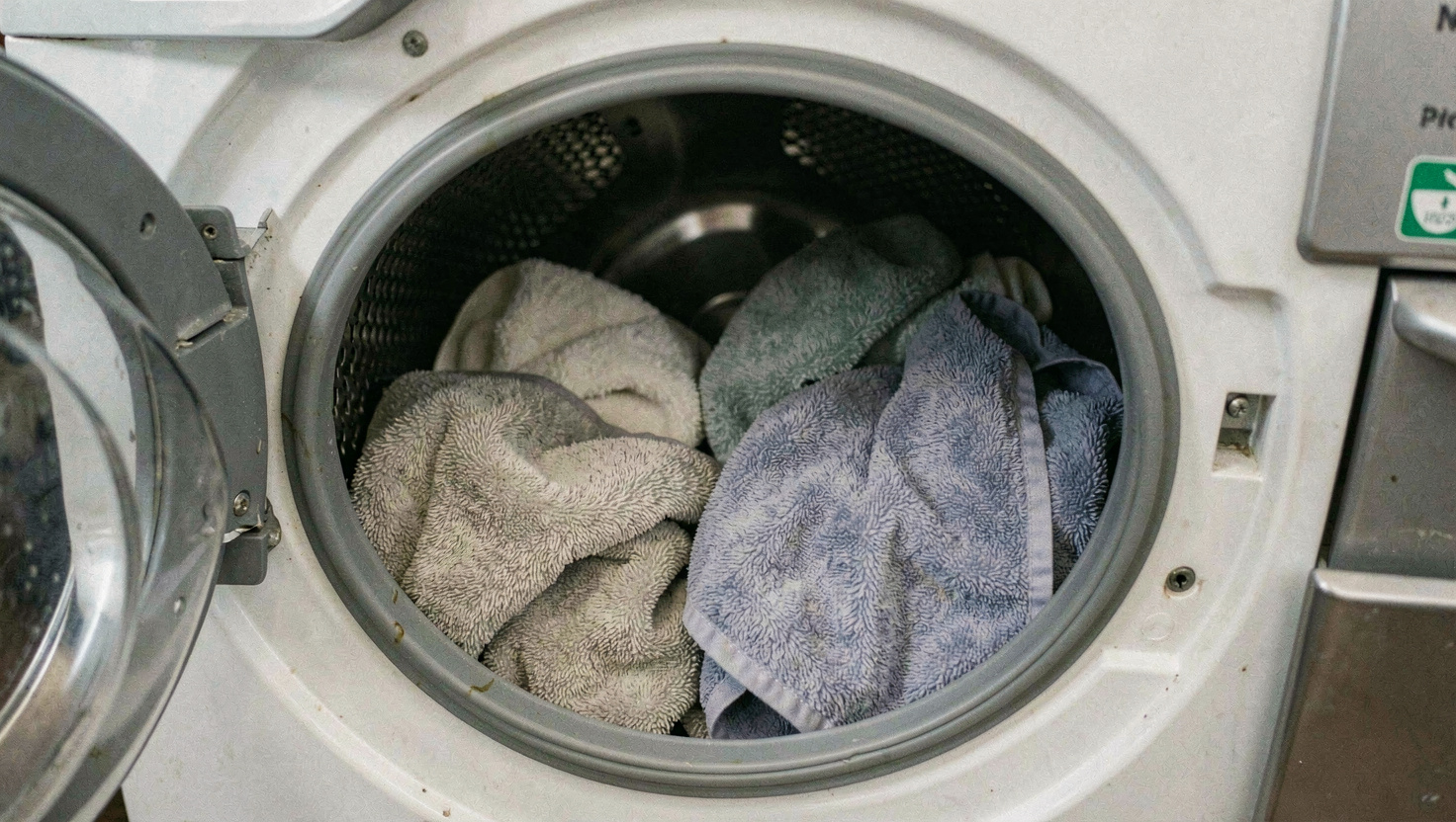 Four bath towels loaded loosely into an open washing machine drum with room left at the top, the detergent drawer pulled out beside, cool utility room light, close shot into the drum