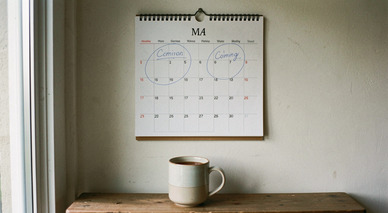 A paper wall calendar with two days of the coming week circled in pencil, a mug of tea on the shelf below, soft morning light from a window to the left, shot straight on and close