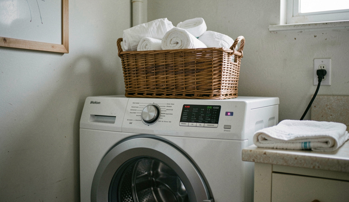 A front loading washing machine running mid cycle in a utility room, a wicker basket of sorted whites on top, a folded towel on the worktop beside it, cool daylight from a small window, close shot from the front