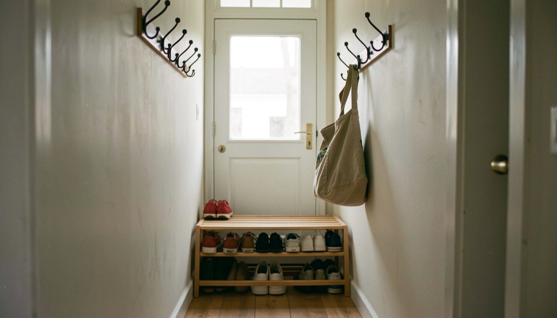 A five-string banjo hanging on a padded wall hook in a hallway beside a small box of tuner and capo, soft daylight from a doorway, photographed square from a few steps back