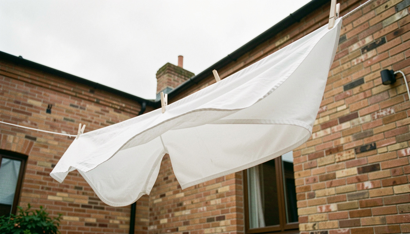 White cotton sheets pegged on a washing line in a brick courtyard, wind lifting one corner, bright overcast light, shot from below at an angle