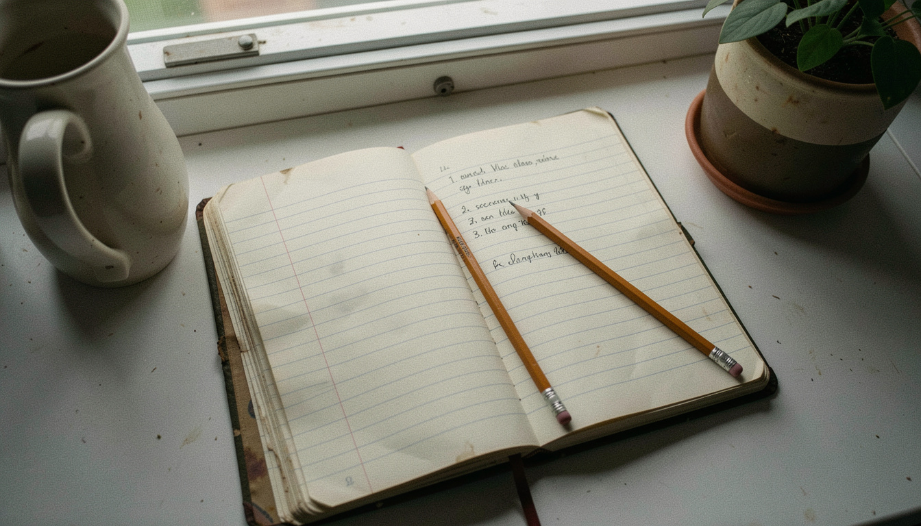 A worn ruled notebook lying open on a kitchen windowsill with a pencil in the gutter of the page and a few dated lines written on it, a jug and a plant beside it, low morning light across the paper, close shot from above at an angle